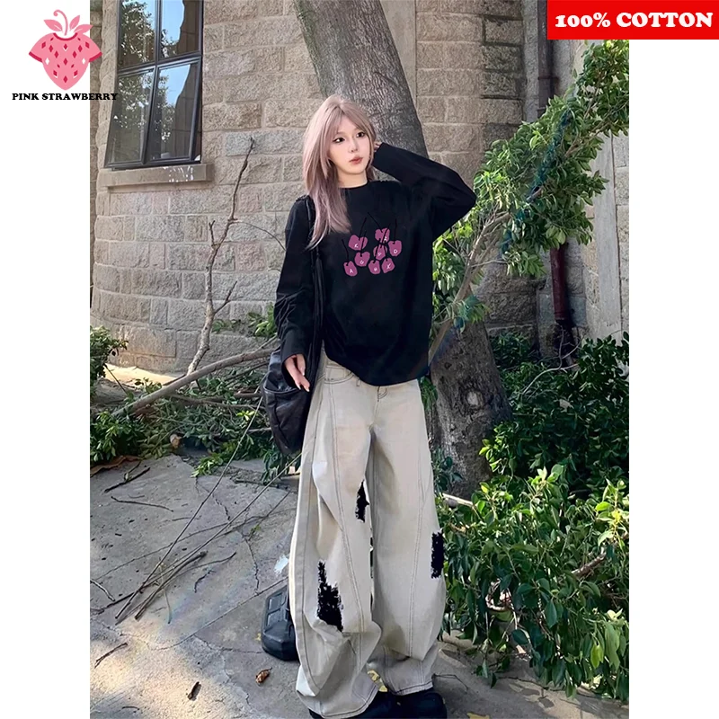 

Korean Letter Print T-shirt Women Spring Autumn 2025 New 100% Cotton Black Long sleeves Pullover T-shirt Y2k Top Female clothing