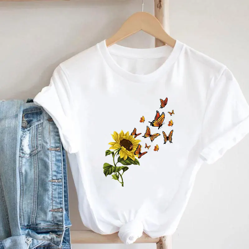 Sunflower a Group of Butterflies Tee Top T-shirt Fashion Clothes Summer Print Women Clothing Short Sleeve Graphic T-shirt