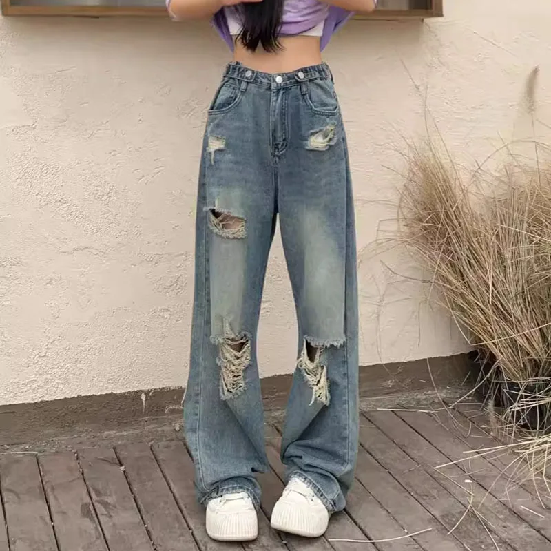 American retro ripped women's straight leg wide leg jeans casual street style blue washed jeans, size reference size chart