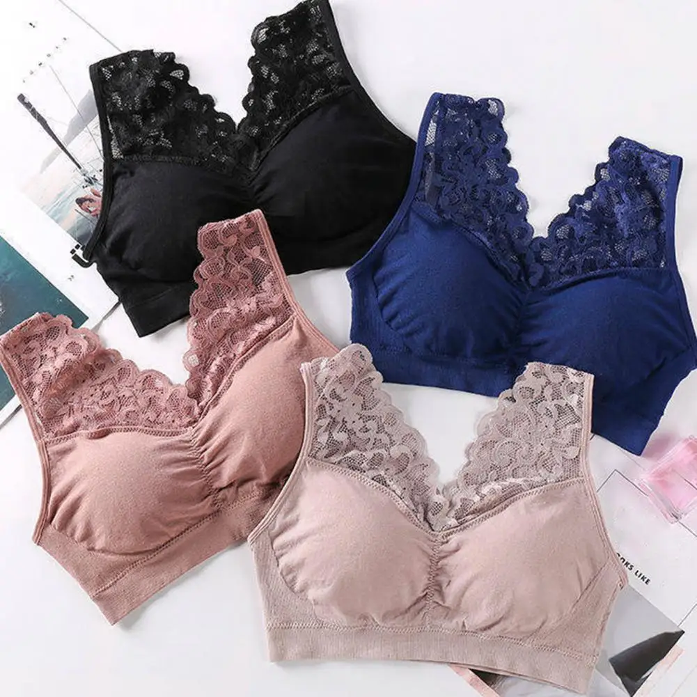 Lady Bra Solid Color Wireless Lace See-through Hollow Out Push Up V Shape Back No Constraint Padded Brassiere Female Garment