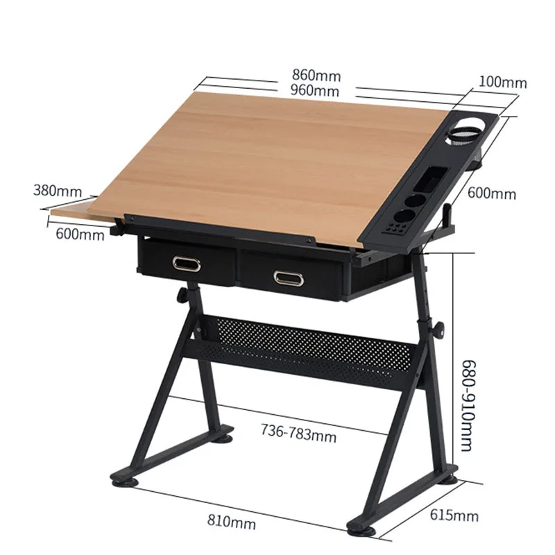 Multifunctional Artists Sketching Station Adjustable Tilting Wood Tabletop Drawing Desk A1 Drafting Table With 2 Drawer