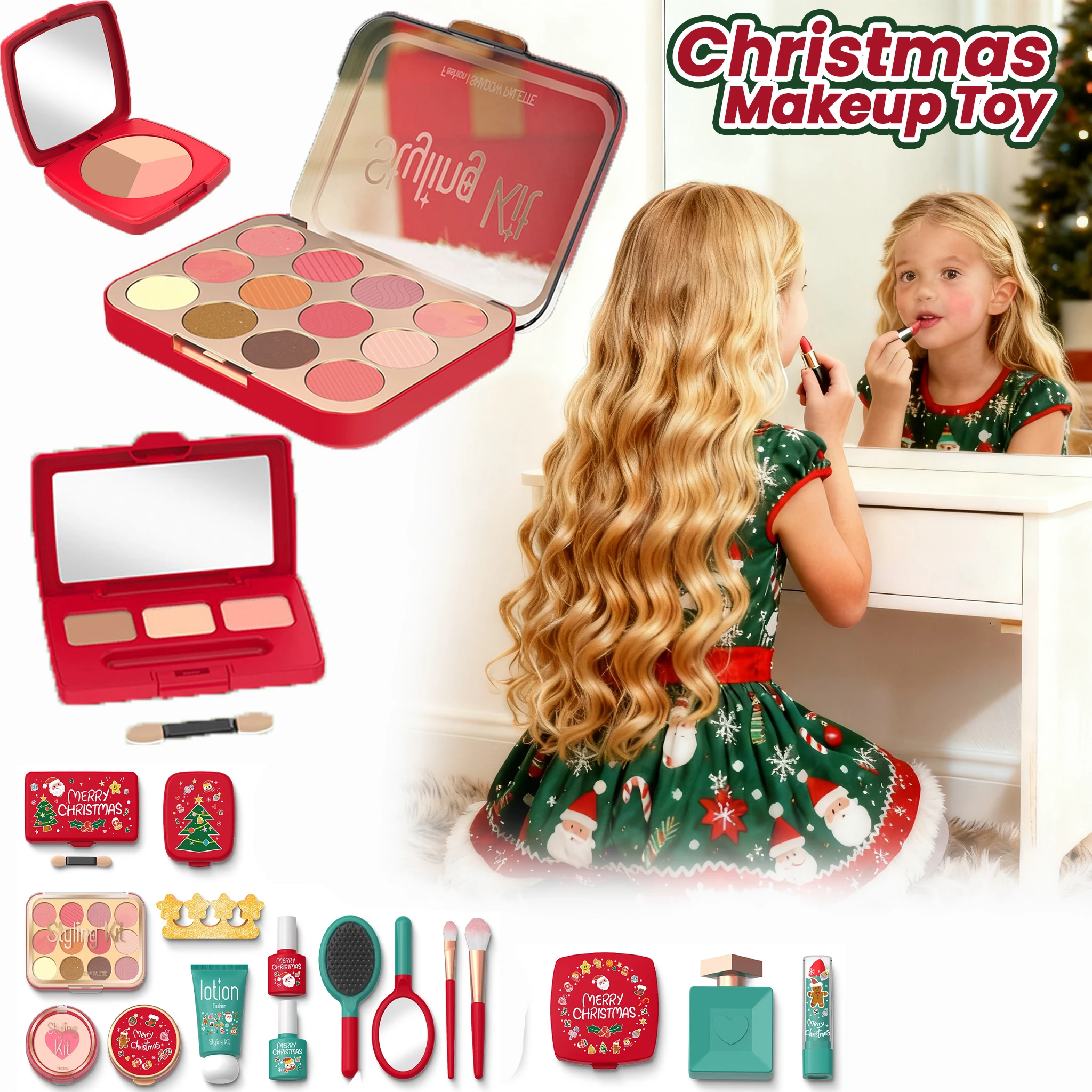 Conjunto de brinquedos de maquiagem infantil simulado fingir jogar beleza caixa de maquiagem sombra de olho blush tema de natal presentes para meninas não-tóxico