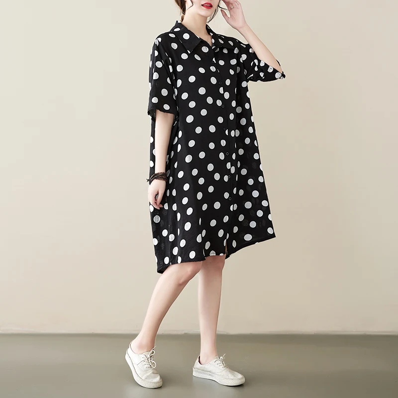 

Новое летнее женское платье размера плюс, свободное хлопковое льняное платье миди Dr с принтом в горошек, повседневное повседневное платье длиной Five Sve