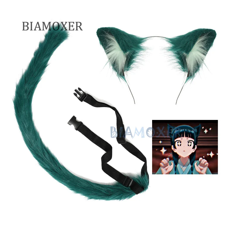 Maomao-Peluca de Cosplay de Anime para mujer, cabellera larga de color verde negruzco, con orejas de cola, gorro gratis