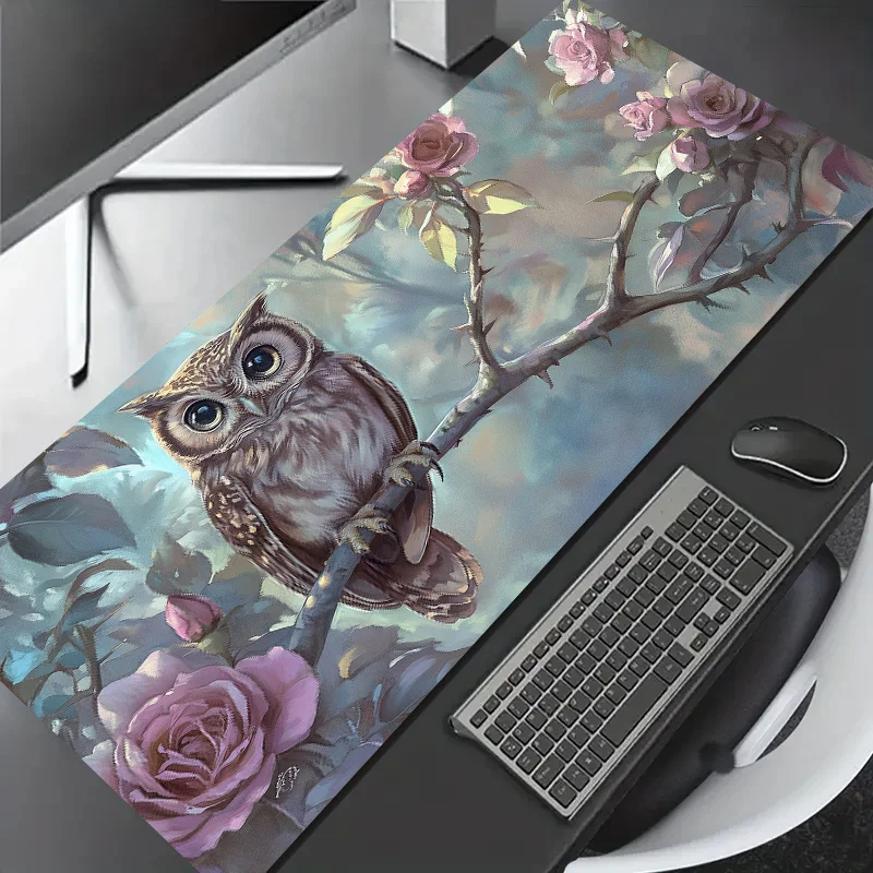 

1 большой настольный коврик с совой и розой в стиле ретро, полиэстеровый коврик для мыши для офиса, игр, ноутбука, украшения на день рождения и Рождество.
