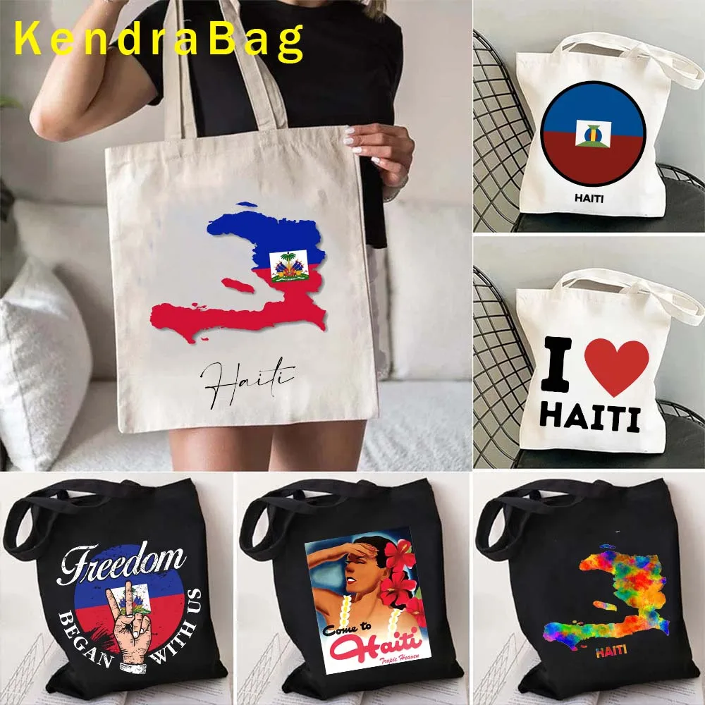 

Haitian Girl Gift Arms of Haiti Country Map Flag Heritage Woman Love Heart Sunset Shopper Canvas Totes Bag Eco Shopping Handbags