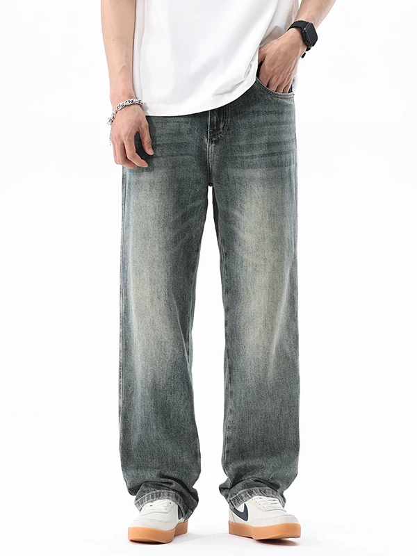 

Retro American Waed Men's Jeans Straight Leg Wide Leg Casual Versatile Long Pants Middle Waist Zipper Wear Resistant