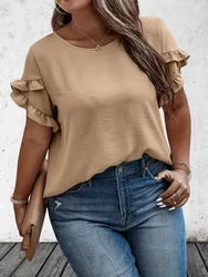 Women 1XL-5XL Plus Size Ruffle Trim T-Shirt Ladies Solid Colors Flattering Casual Top Spring Summer Women Short Sleeve Clothing