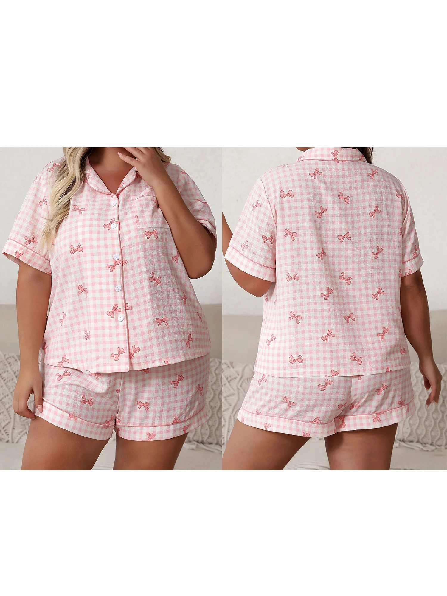 

Women Plus Size Pajamas Set Floral Print Short Sleeves Shirt and Elastic Shorts for Loungewear Soft Sleepwear with Lace Trim