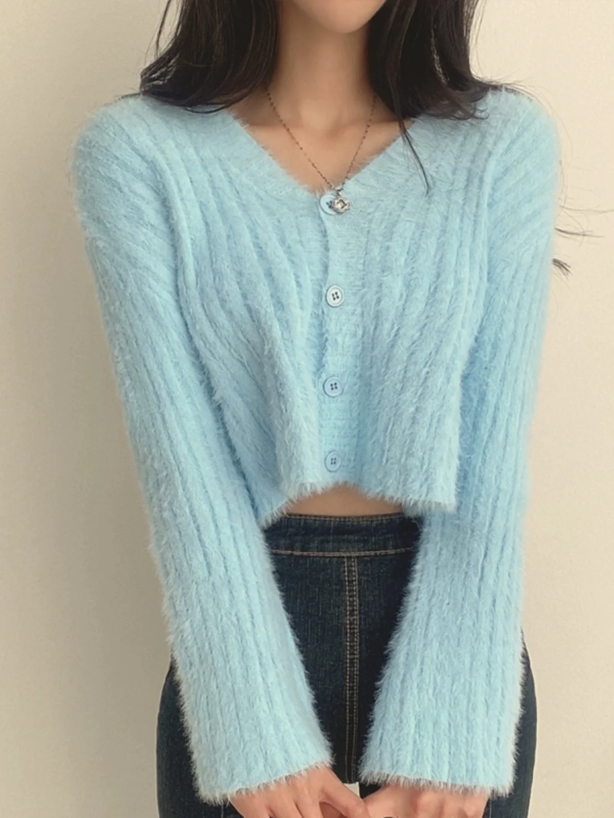Chic Short Sleeve Bell Sleeve Open Cardigan Knitted Jacket Women's Autumn Winter V Neck Single Button Sweater Korean Style Sl... view 4