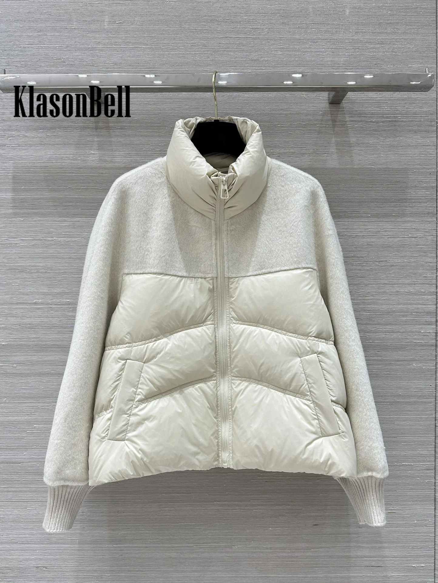 10.7 KlasonBell-Women 2024 Autumn Winter New Double-Sided Wool Spliced Design Short Down Outerwear Stand Collar Zipper Jacket