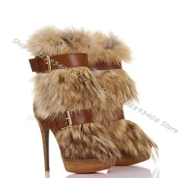 Brown Fur Decor Platform Boots Belt Buckle Round Toe Solid Warm Shoes Winter New Fashion Party Women Boots Zapatos Para Mujere