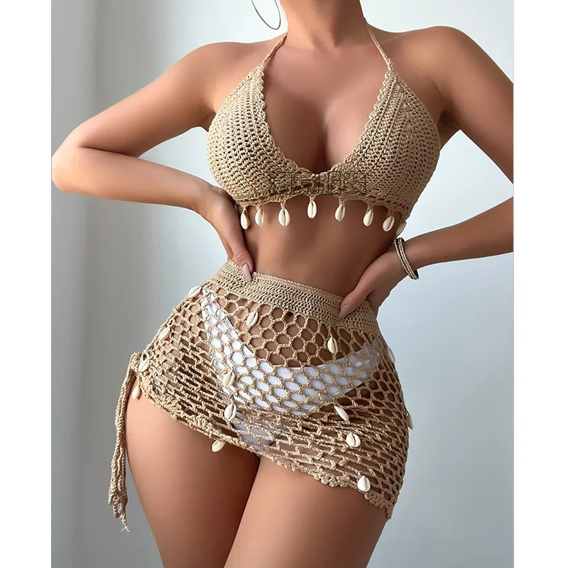 Maillot de bain sexy à bretelles pour femmes, vacances à la plage, découpe de coquille de crochet à la main, ensemble de bikini à la mode d'été, 2024