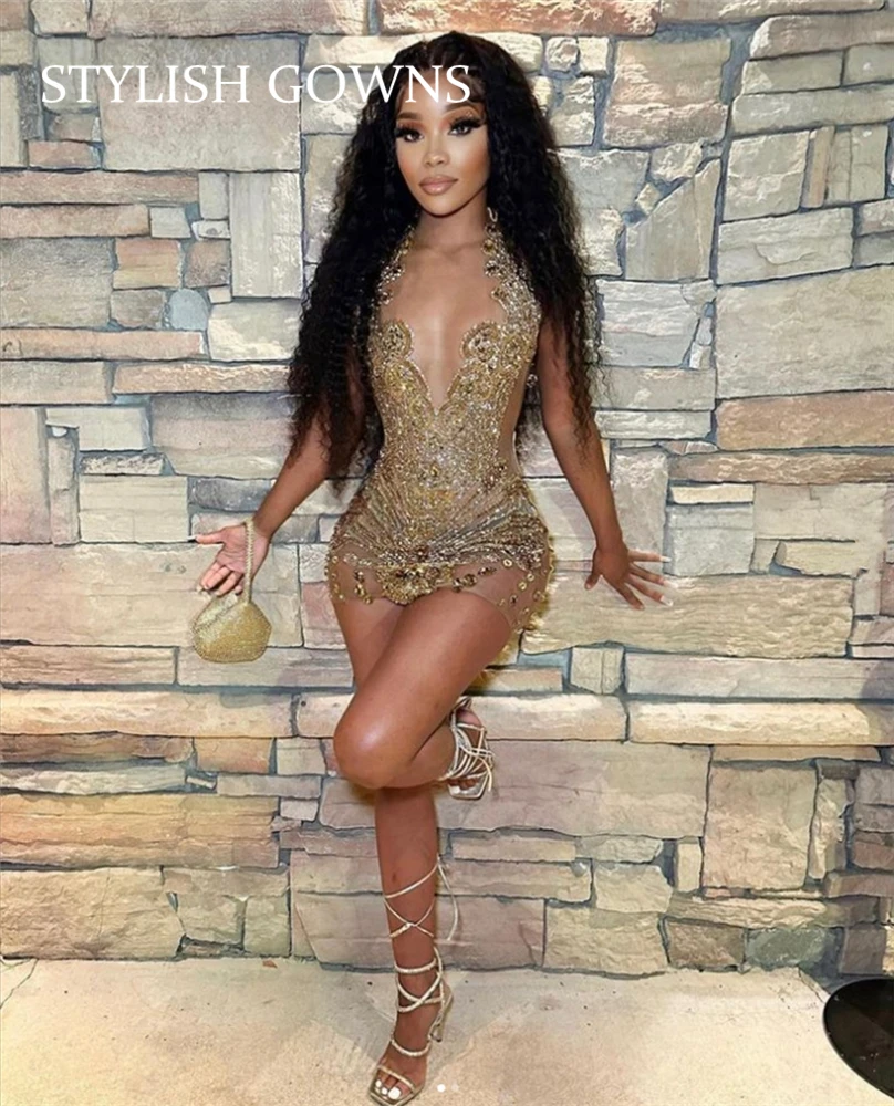 Sparkly Gold Sheer O Neck Short Prom Dress For Black Girl Beaded Crystal Diamond Birthday Party Dresses Mini Cocktail Customized