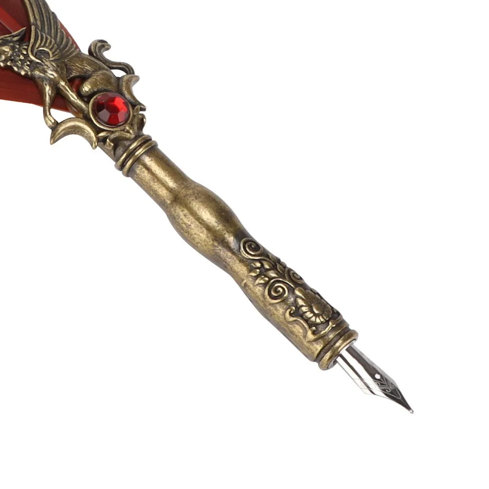 Stainless Steel Feather Quill Carved Pattern Smooth Nib Vintage Signature Pen Retro Texture Feather Shaft Dip Pen
