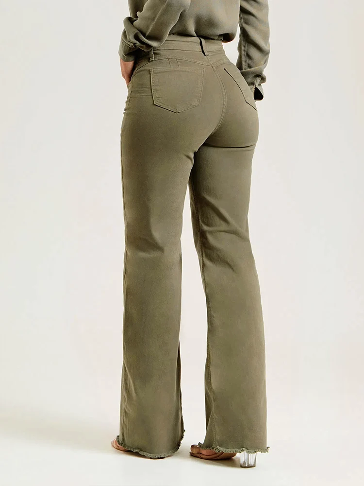 Jean vert armée taille haute pour femme, pantalon en denim pour femme, coupe botte, évasé décontracté, jambe large, mode Y2K, streetwear, fjk, 2024