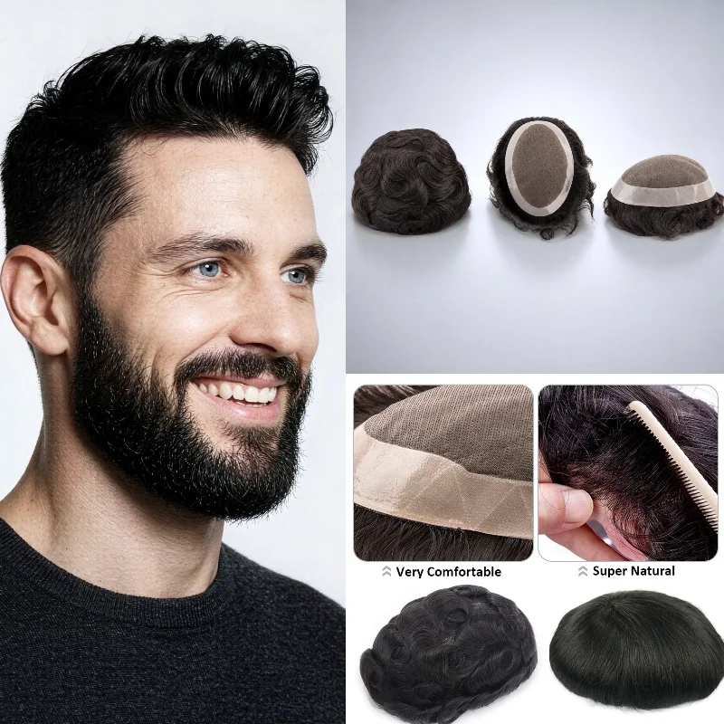 Human Remy Hair D7-3 Mono Base Man Topper 8x10 6inch Straight Mono+NPU Hand-Tied Remy Hair For Family Gatherings 72H Ship