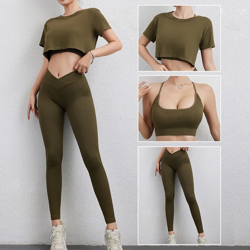 

3PCS Seamless Women Yoga Set Workout Sportswear Gym Clothing Fitness Crop Leggings Sports Suits Bras T Shirt High Waist Pants