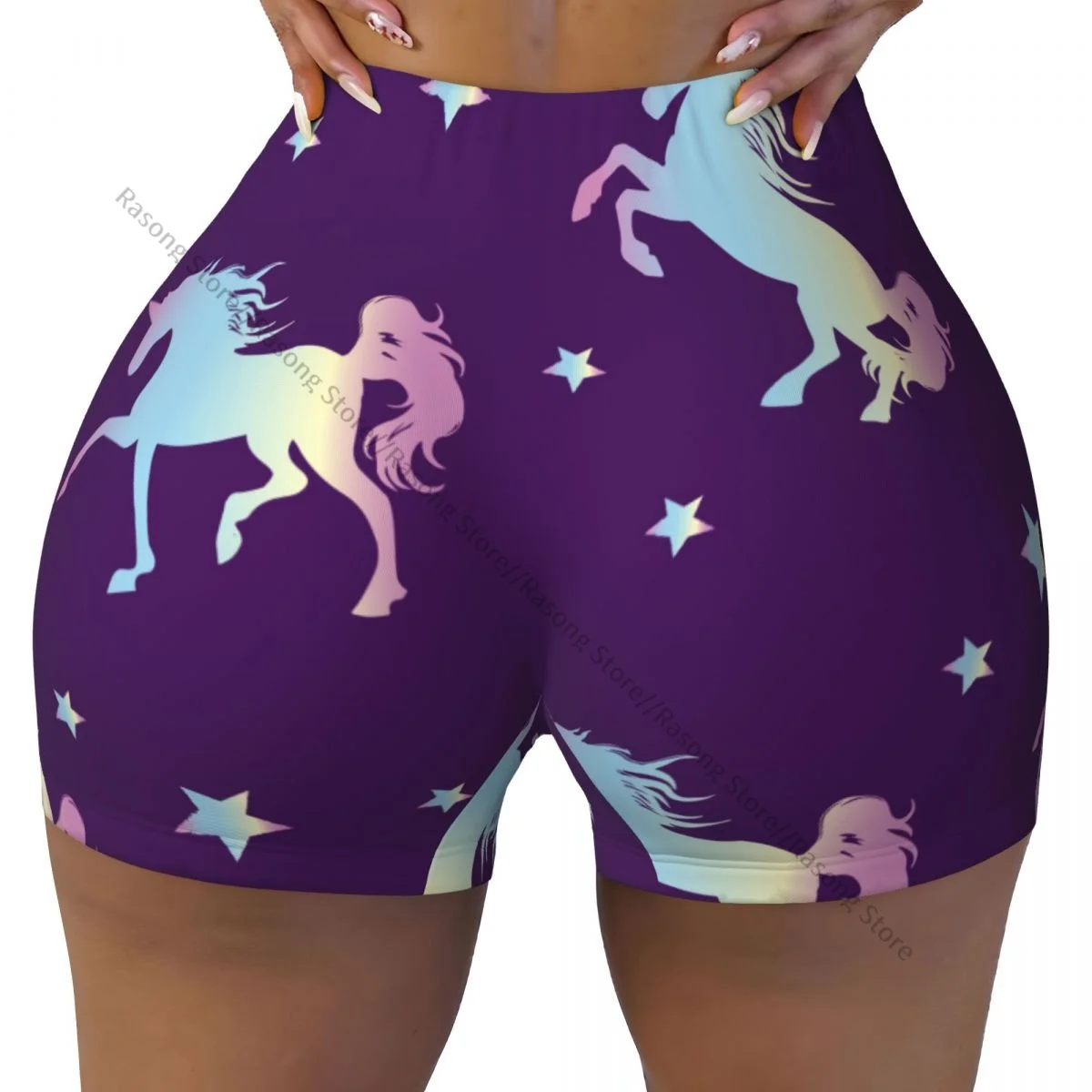 Spandex Yoga Shorts for Women Holographic Magic Unicorn With Stars Purple Print Workout Booty Shorts