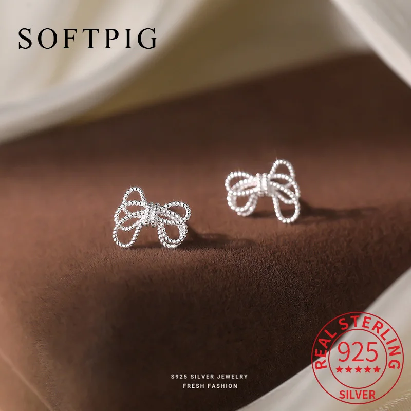 

SOFTPIG Real 925 Sterling Silver Line Hollow Bowknot Stud Earrings for Women OL Fine Jewelry Light Luxury Exquisite Accessories