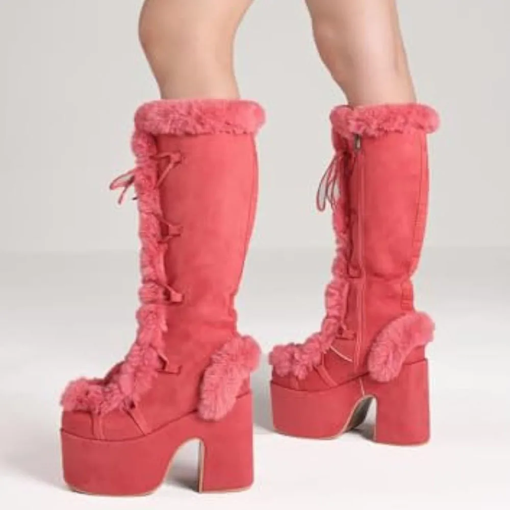 Big Size 46 Winter y2k Pink Knee High Boots Women White Chunky Platform Boots Gothic Black Faux Fur Block High Heels Boots Shoe