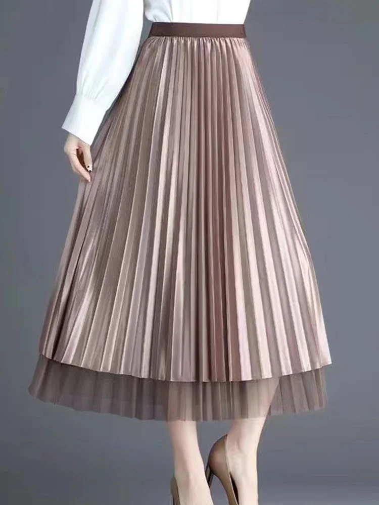 New Reversible Mesh Stretch Pleated Midi Long Skirt Office Female Korean Fashion Casual High Waist