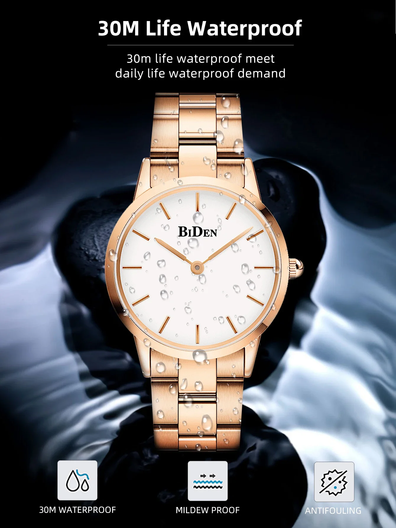 ساعة بيدن للرجال بمينا كبير باللون الذهبي الوردي - أحدث حجر كوارتز إبداعي، وحزام فولاذي صلب