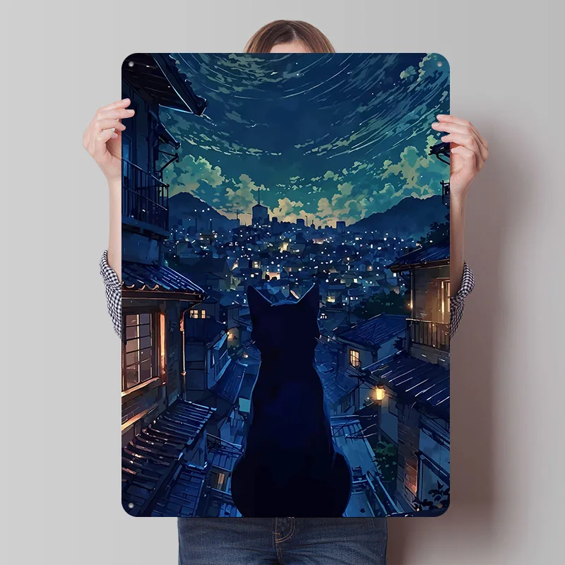 Katze auf dem Dach, japanische Nachtszene, Poster, individuelle Wandkunst, Vintage-Metallschilder, Retro-Blechschild für Männerhöhle, Badezimmer-Dekoration