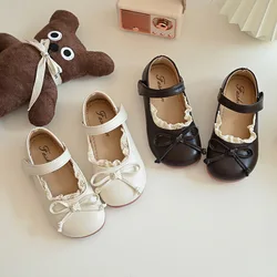 2026 Autumn New Children Leather Shoes for Girls Sweet Bowtie Fashion French Style Soft Bottom Elegant Lace Versatile Chic Shoes