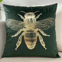 Dark Green Gold Stamp Bee Cushion Cover Insect Sofa Throw Pillowcase Home