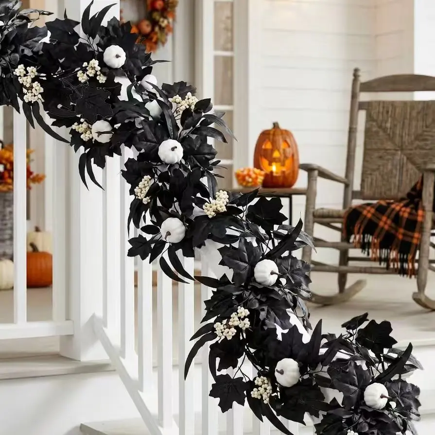 Artificial Halloween Garland with Black Maple Leaves and White Pumpkins Dark Faux Fall Decor for Fireplace Mantel Stairs Wall