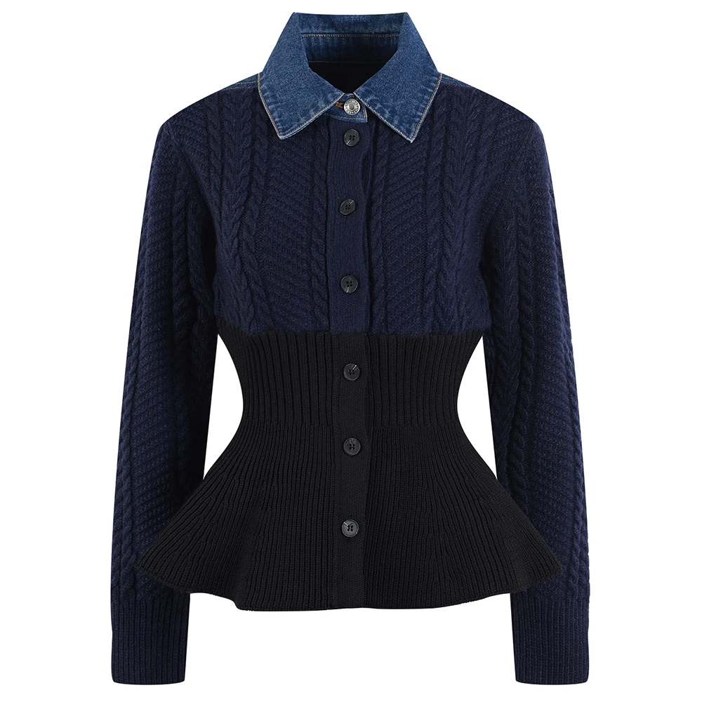 Women Spring Knitted Cardigans Coat Jacket Women\'s Sweater Denim Stitching Patchwork Tops Female Fashion Color Block Knit Coats