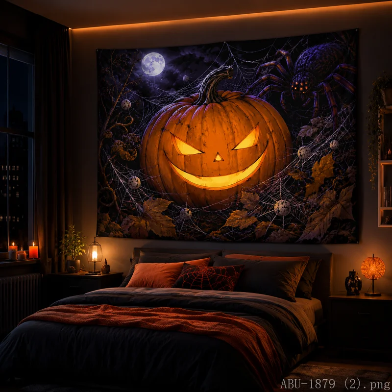 VIKAMA Halloween Spooky Pumpkin Spider Tapestry Dark Full Moon Web Print Wall Hanging For Bedroom Party Decor Banner