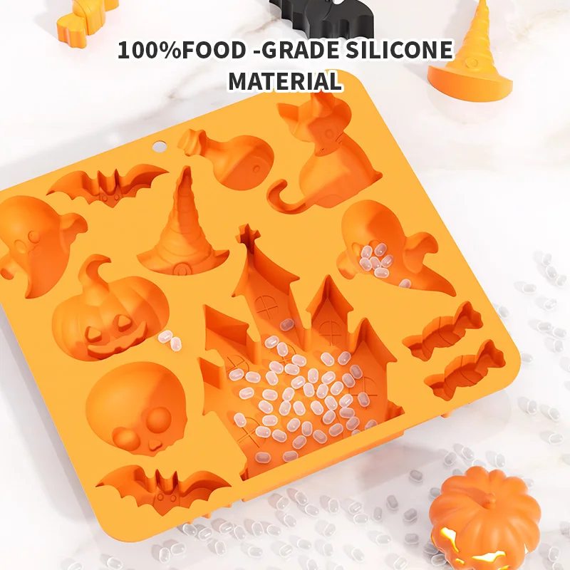 Chocolate Candy Silicone Mold,Halloween Molds Pumpkin Bat Witch Hat Skull Gummy Baking Mold for Ice Cube Halloween Resin Craft