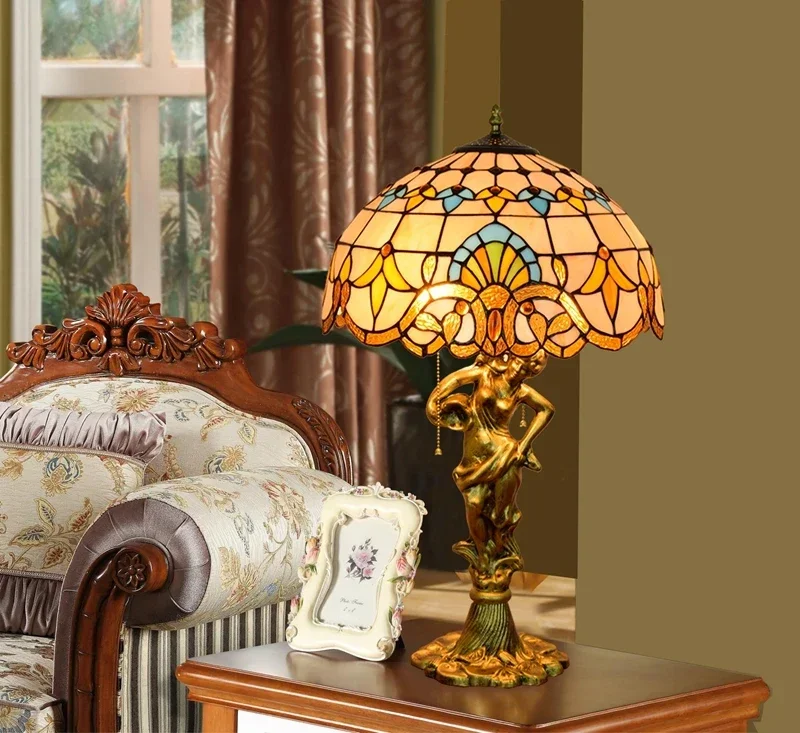 Antique Tiffany Stained Glass Table Lamp Decor Resin Base Table Lamp for Bedroom Reading Desk Baroque Style Desk Lamp