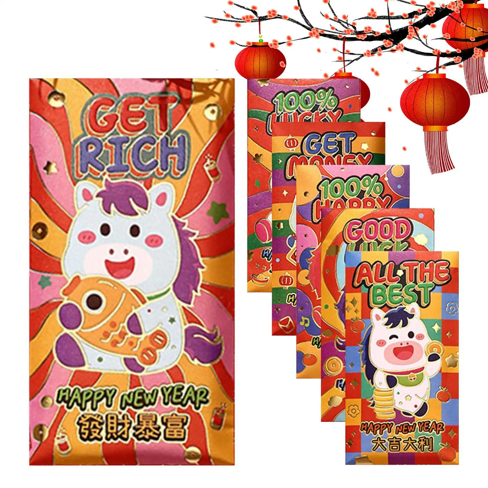 6 pçs dos desenhos animados cavalo ano envelope vermelho 2026 em relevo ano novo chinês envelopes vermelhos ano novo lunar chinês envelopes vermelhos para crianças