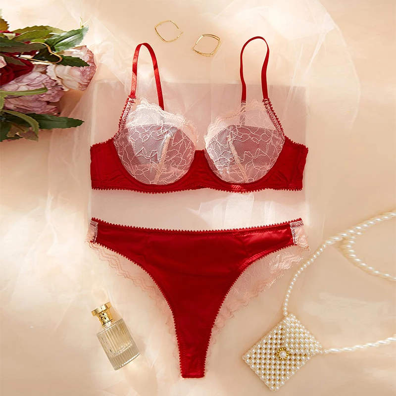 

Lingerie Sexy Hot Lace Transparent Female Underwear Romantic Red Bra Sets Sexy Girl Intimate Outfits Push Up Ensemble Lingerie