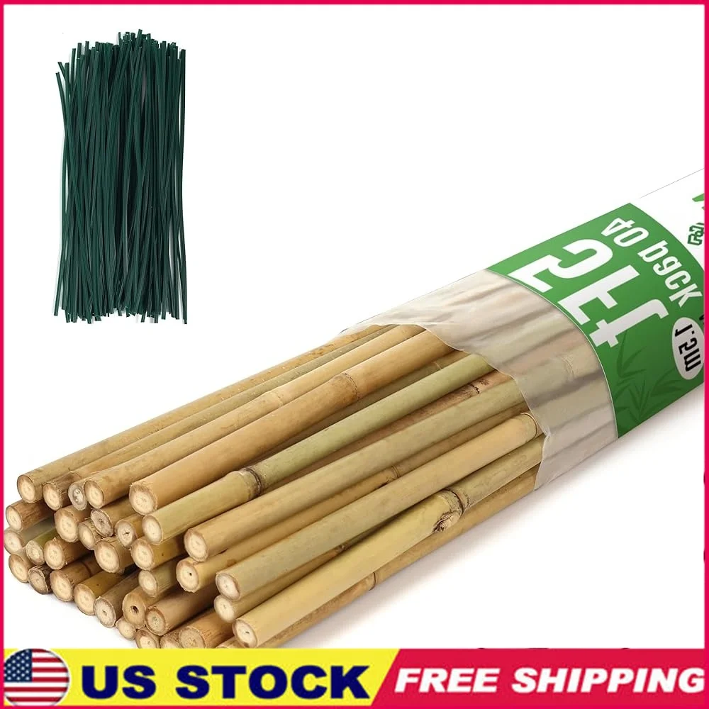 

40 Pack Bamboo Plant Stakes 5ft Garden Support Poles Vines Tomatoes Beans with 200 Twist Ties Durable Natural Handmade