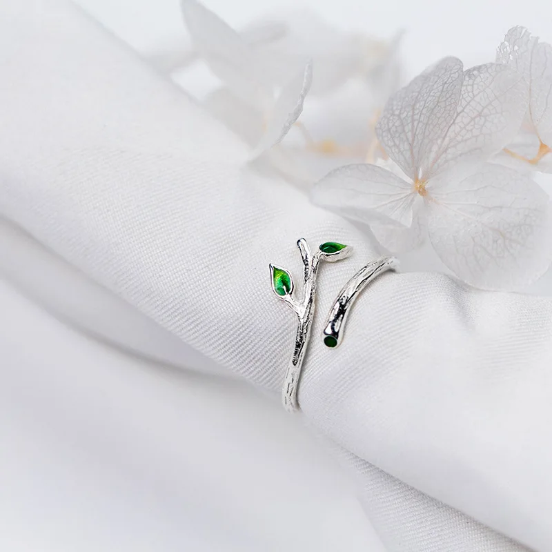 Green Leaves Tree Branch Opening Rings for Women Stainless Steel Leaf Tree Branch Ring Wedding Christmas Aesthetic Jewerly Bff