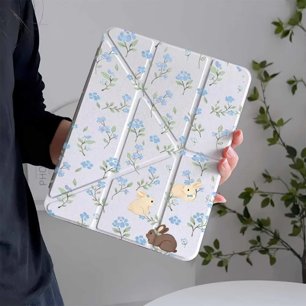 Cute Rabbit Flower Tablet Cover For iPad Pro 11 12.9in 13 M4 M5 9.7 10.2 Air 456 Funda for Samsung Tab A8 A9 A11 S8 S9 S11 Cover