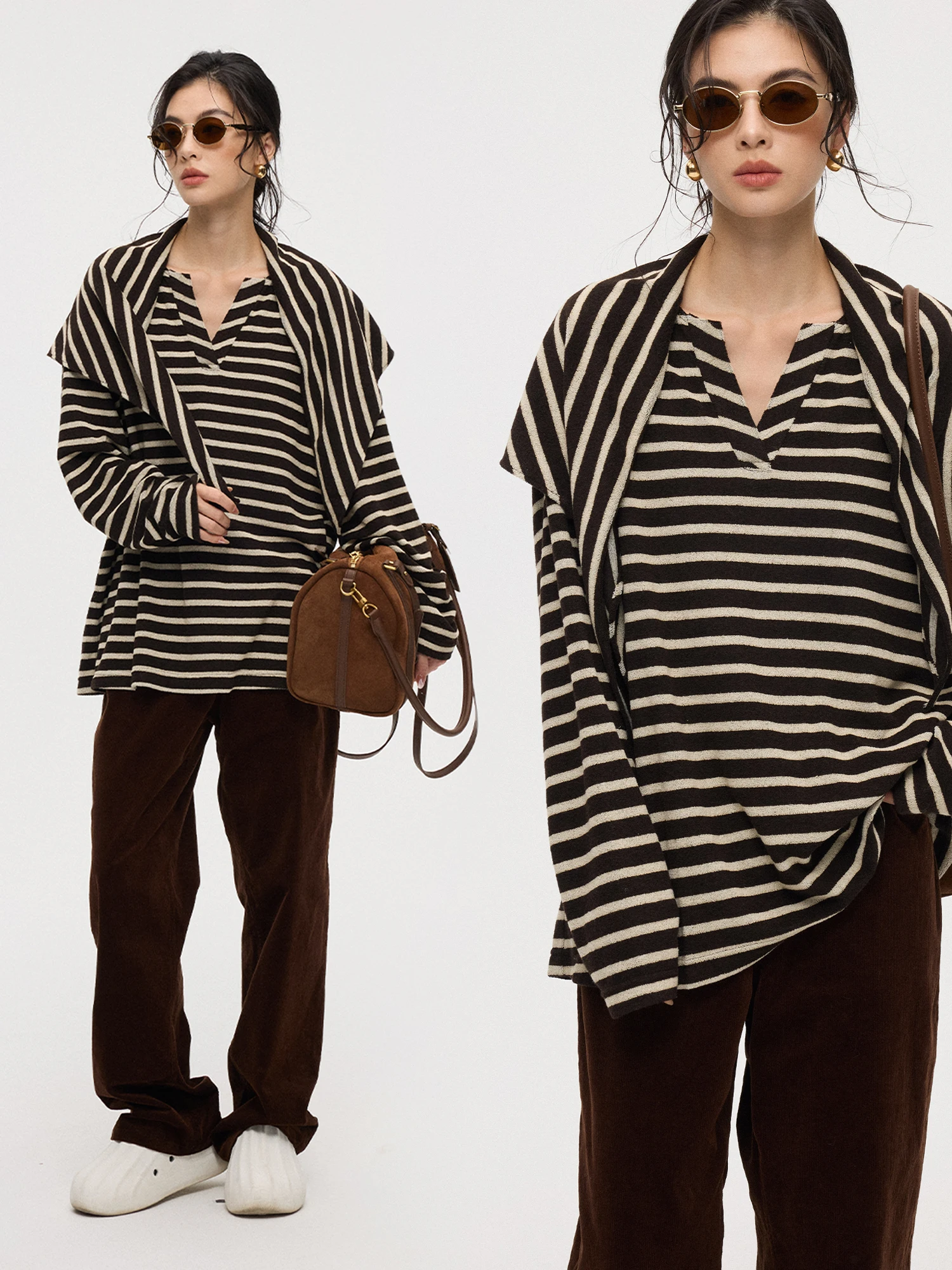 

Повседневная полосатая футболка Ciwalk с длинным рукавом и V-образным вырезом, с цветовыми блоками, удобная, свободного кроя, из смесового полиэстера и вискозы, женский топ