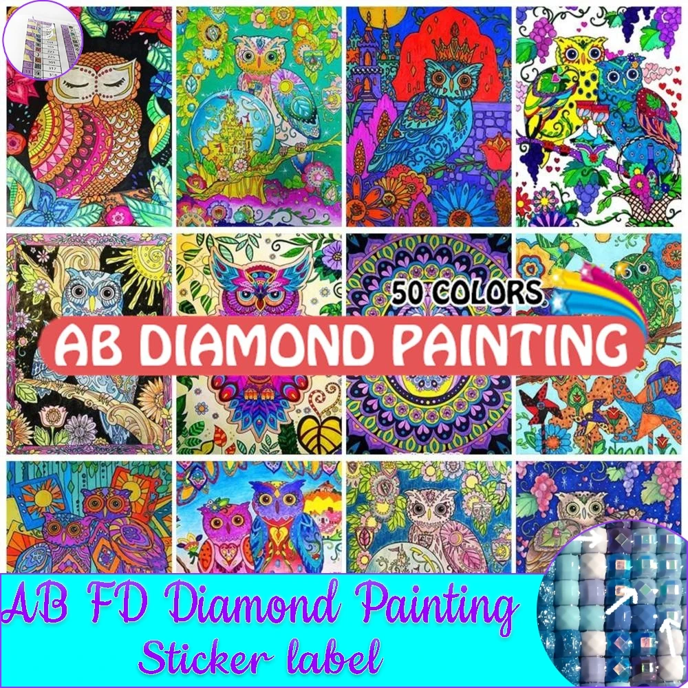 

Diamond Painting 50 Colors 5D Diy Animal Owl AB Drill Embroidery Colorful Mosaic Rhinestone Cross Stitch Kits Home Decor