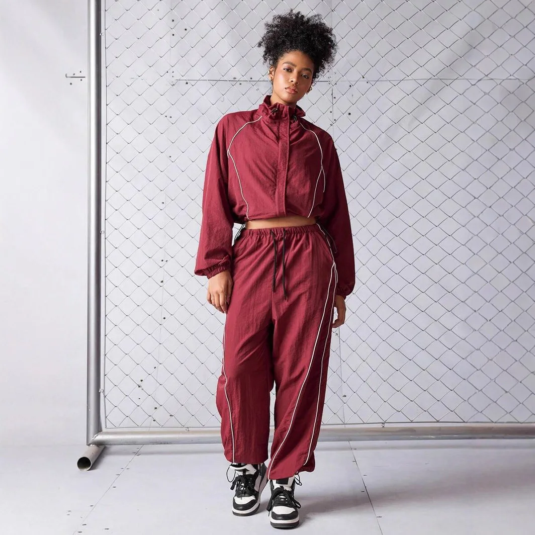 Europe, America, New Casual Women's Clothing Fashion Contrasting Color Drawstring Sports Jacket Trousers Set Two-piece Set