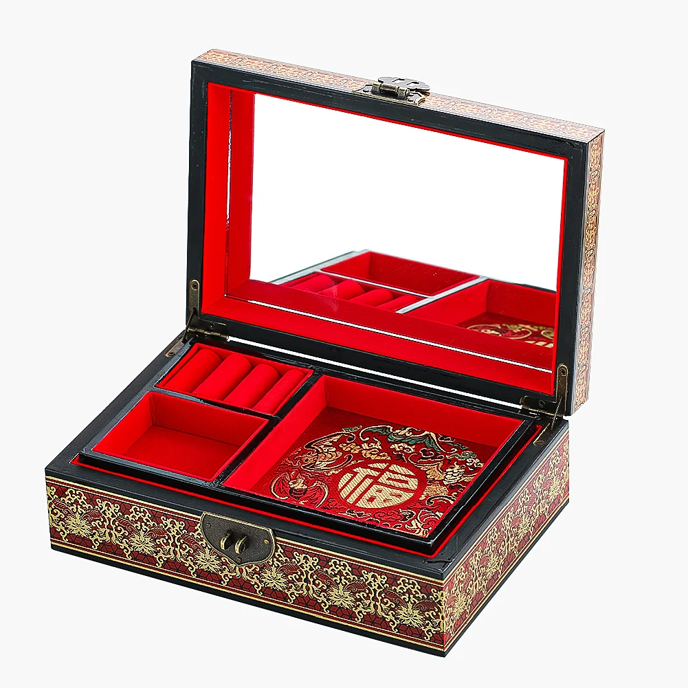 Chinese Traditional Wooden Jewelry Box Festive Painted Lacquer Crafts Jewel Case for Wedding Necklace Bracelet Gift Storage Box