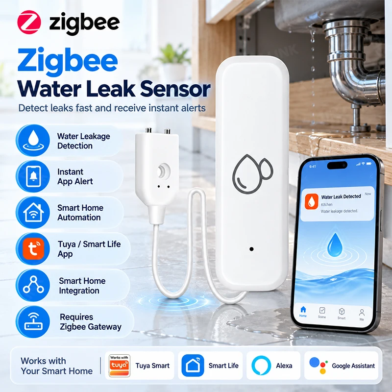 Zigbee Smart Water Leak Sensor Flood Detector with External Probe Cable Works with Alexa Google For Kitchen Sink Leak Protection