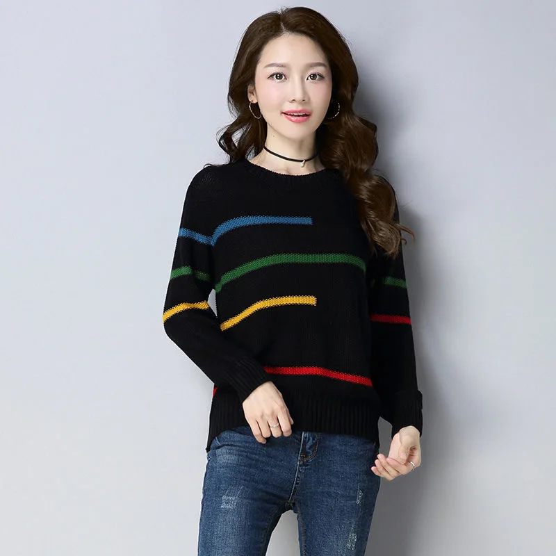 Spring Women Loose Stripe Sweaters Elegant O-neck Casual Knitted Jumper Long Sleeve Korean Vintage Pullover New Knitting Tops