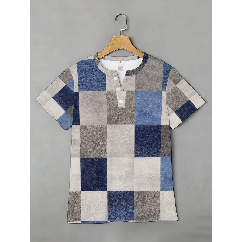 

Stripe Pattern Grandpa Shirt For Men Geometric 3D Printed T-Shirts Summer Street Tops Short Sleeve Tees Stand Collar Polo Shirts