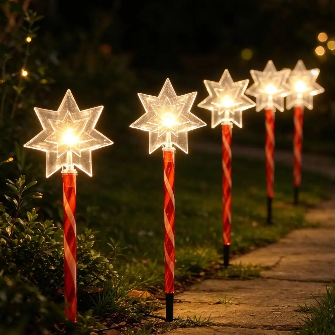 5 unidades/juego de luces solares navideñas con forma de estrella, copos de nieve y árbol, con energía solar, 8 modos de iluminación, luces decorativas para jardín y césped.