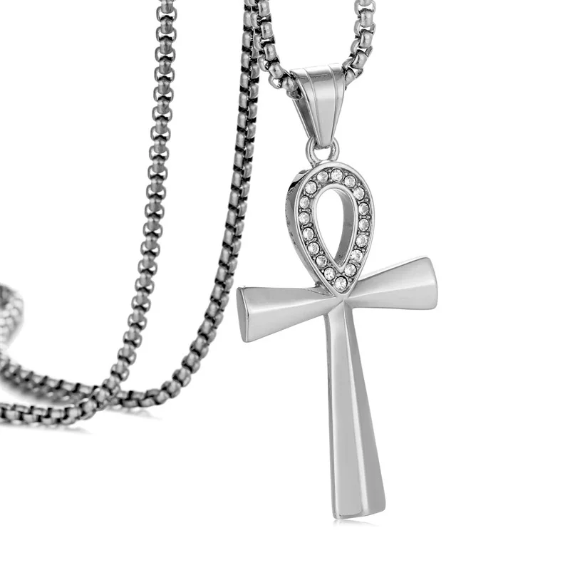 المصرية مثلج خارج بلينغ عنخ الصليب قلادة الذهب والفضة اللون قلادة من الفولاذ المقاوم للصدأ للنساء الرجال مصر القديمة مجوهرات هدية