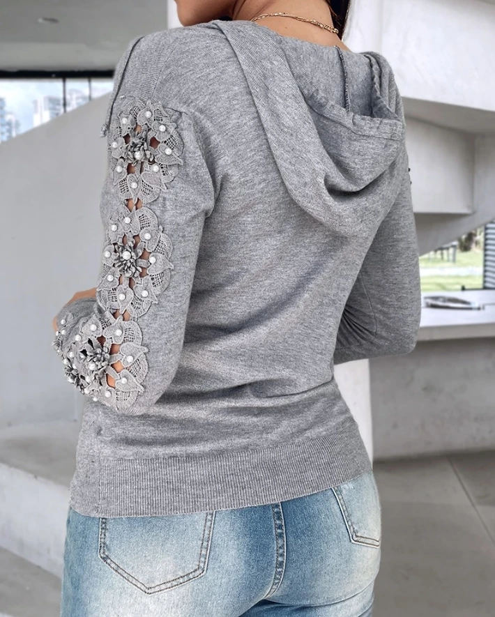 Sweater for Women 2024 Spring Hooded Beaded Contrast Lace Hollow-Out Long Sleeve Casual Plain Daily Knit Zip Up Sweater